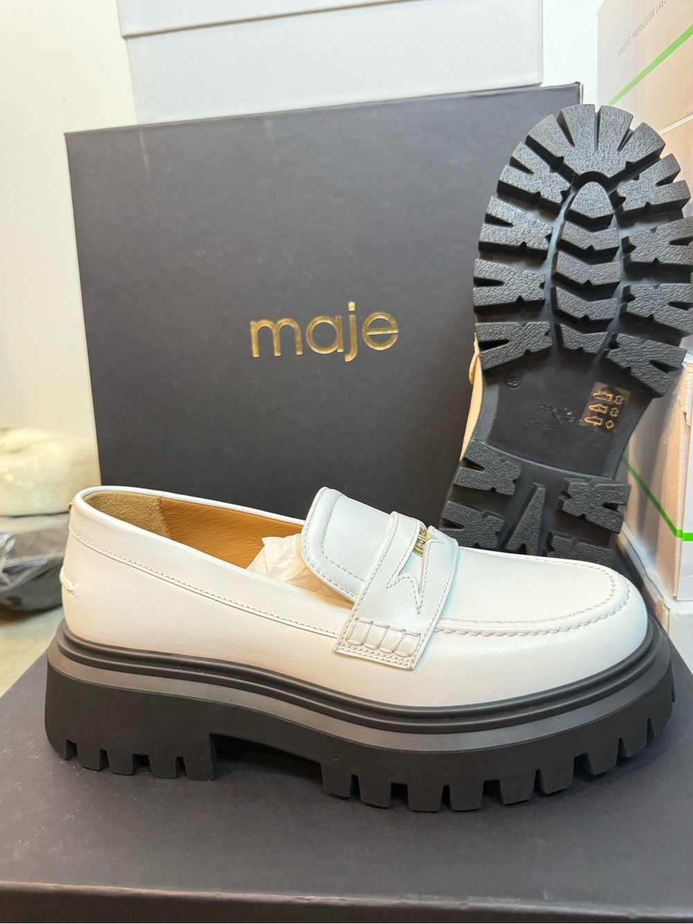 Maje White Leather Lug-Sole Penny Loafers